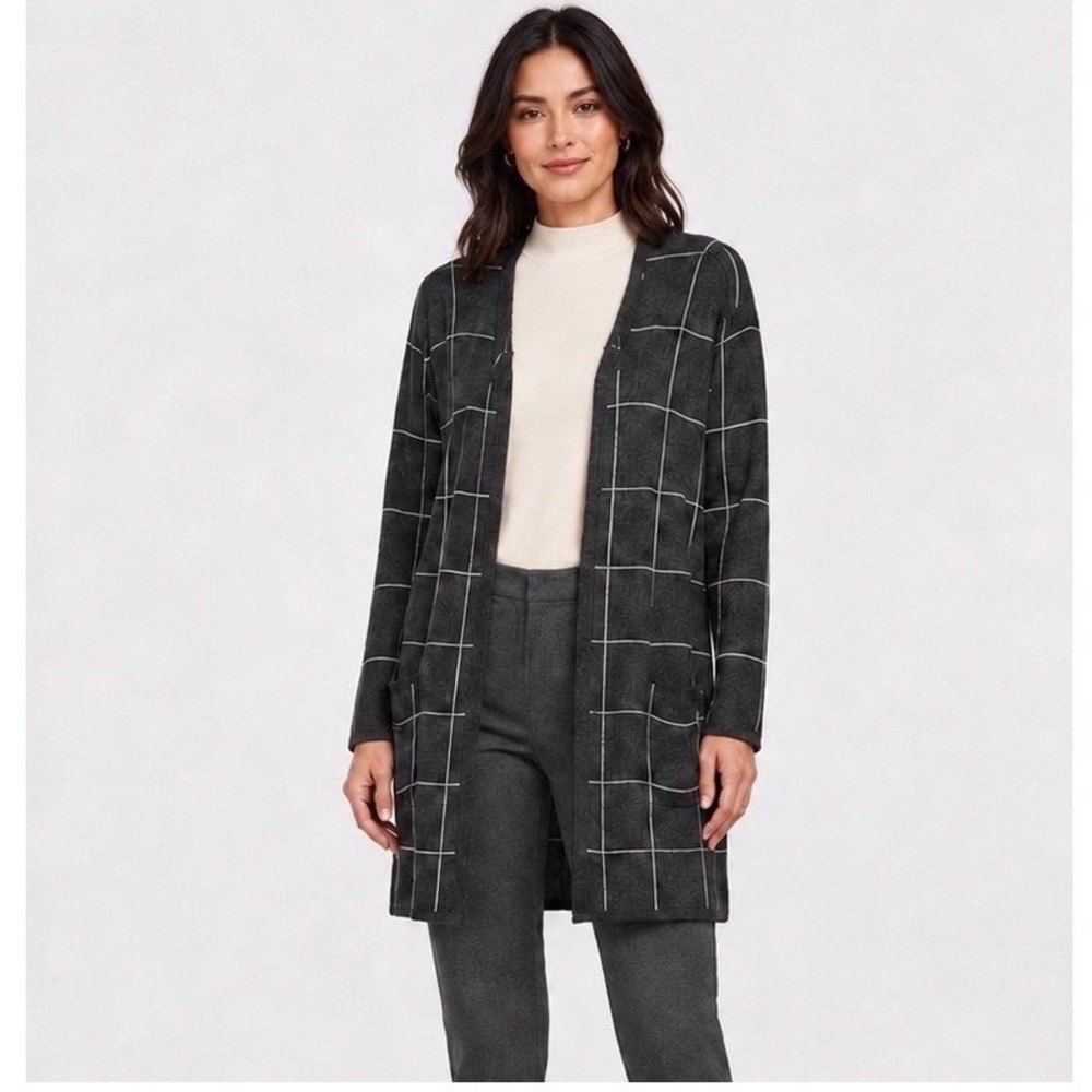 The Limited Gray Windowpane Grid Open Front Duster Cardigan Sweater S 112-01